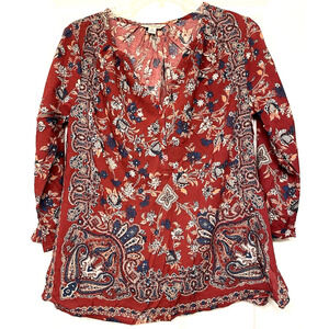 Lucky Brand Womens Red Floral Rayon Button Up Lon Sleeve Blouse Size M
